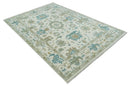 Ivory, Beige and Teal Hand Knotted Antique 9x13 Traditional Oushak Wool Rug by The Rug Decor