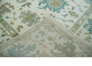 Ivory, Beige and Teal Hand Knotted Antique 9x13 Traditional Oushak Wool Rug by The Rug Decor