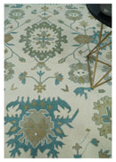 Ivory, Beige and Teal Hand Knotted Antique 9x13 Traditional Oushak Wool Rug by The Rug Decor