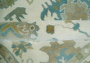 Ivory, Beige and Teal Hand Knotted Antique 9x13 Traditional Oushak Wool Rug by The Rug Decor