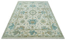 Ivory, Beige and Teal Hand Knotted Antique 9x13 Traditional Oushak Wool Rug by The Rug Decor