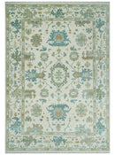 Ivory, Beige and Teal Hand Knotted Antique 9x13 Traditional Oushak Wool Rug by The Rug Decor