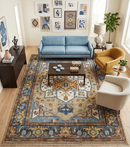 Ivory Beige Blue Charcoal Heriz Hand Knotted Premium Wool Area Rug by The Rug Decor