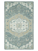 Ivory, Camel and Blue Hand Tufted Traditional Design Wool Area Rug