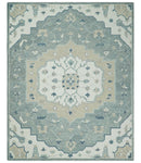 Ivory, Camel and Blue Hand Tufted Traditional Design Wool Area Rug