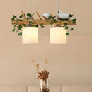 GobekUsa Ivory Glass Wood Island Pendant - Industrial Style with Maple/Green Leaf and Bird Décor - 2/3 Bulbs