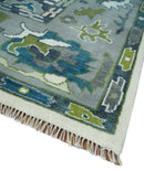 Ivory, Gray, Teal and Green Hand knotted Traditional Oushak 9x12 Wool Area Rug by The Rug Decor