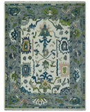 Ivory, Gray, Teal and Green Hand knotted Traditional Oushak 9x12 Wool Area Rug by The Rug Decor