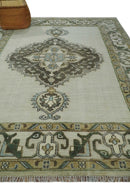 Ivory, Green and Beige Traditional Medallion Hand knotted Multi Size wool Area Rug