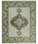 Ivory, Green and Beige Traditional Medallion Hand knotted Multi Size wool Area Rug
