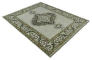 Ivory, Green and Beige Traditional Medallion Hand knotted Multi Size wool Area Rug