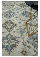 Ivory, Peach and Gray Hand knotted 8x10 Traditional Ikat Design Oushak wool Area Rug by The Rug Decor
