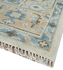 Ivory, Peach and Gray Hand knotted 8x10 Traditional Ikat Design Oushak wool Area Rug by The Rug Decor