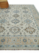 Ivory, Peach and Gray Hand knotted 8x10 Traditional Ikat Design Oushak wool Area Rug by The Rug Decor