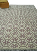 Ivory, Purple and Gray Hand Knotted Geometrical Floral 8x10 wool Area Rug by The Rug Decor