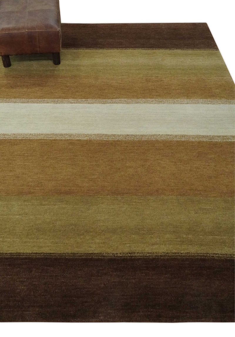 Ivory, Rust, Olive and Brown Modern Geometrical Stripes Hand knotted 5.6x6.6 wool Area Rug