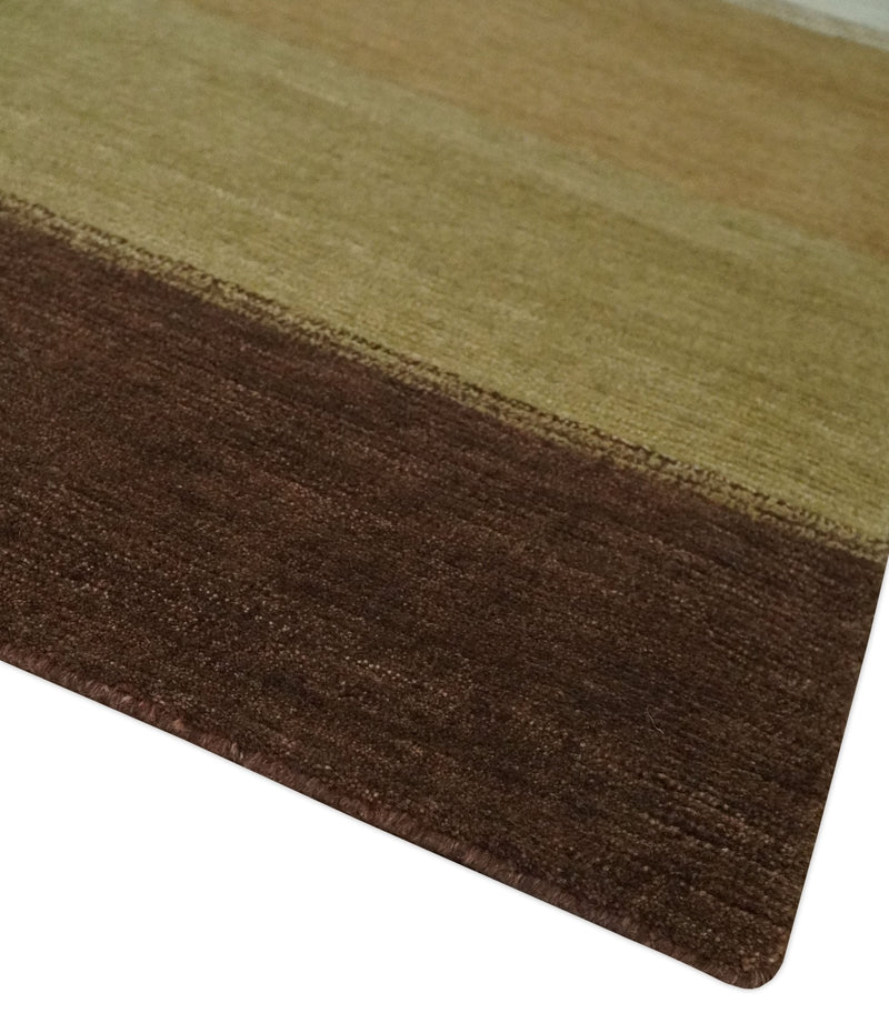 Ivory, Rust, Olive and Brown Modern Geometrical Stripes Hand knotted 5.6x6.6 wool Area Rug