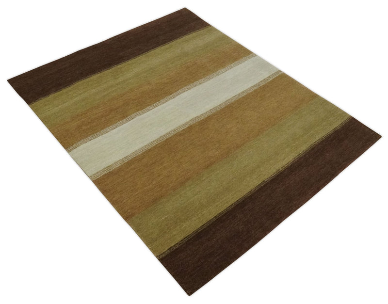Ivory, Rust, Olive and Brown Modern Geometrical Stripes Hand knotted 5.6x6.6 wool Area Rug
