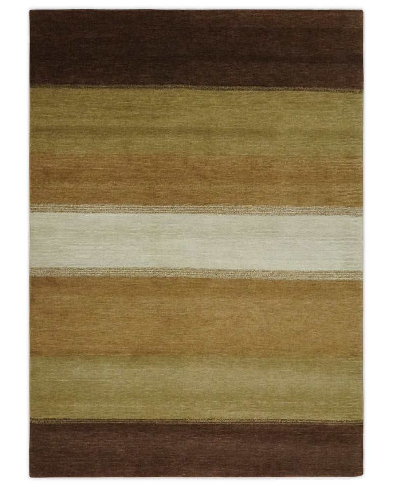 Ivory, Rust, Olive and Brown Modern Geometrical Stripes Hand knotted 5.6x6.6 wool Area Rug