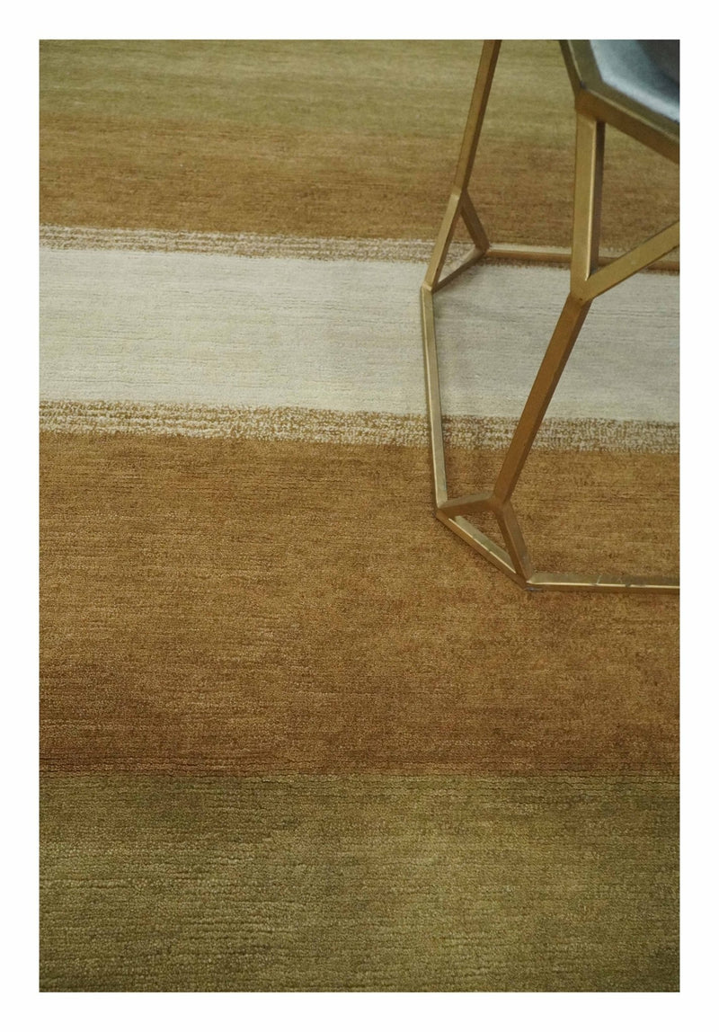 Ivory, Rust, Olive and Brown Modern Geometrical Stripes Hand knotted 5.6x6.6 wool Area Rug