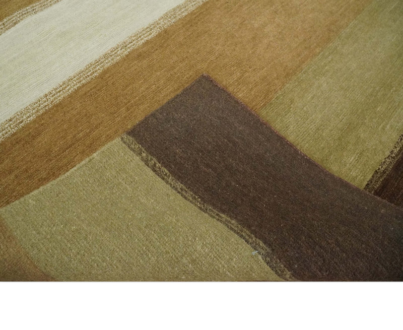 Ivory, Rust, Olive and Brown Modern Geometrical Stripes Hand knotted 5.6x6.6 wool Area Rug