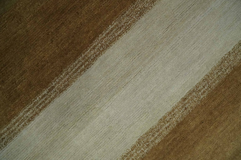 Ivory, Rust, Olive and Brown Modern Geometrical Stripes Hand knotted 5.6x6.6 wool Area Rug