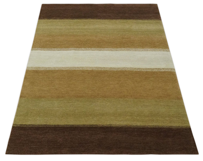 Ivory, Rust, Olive and Brown Modern Geometrical Stripes Hand knotted 5.6x6.6 wool Area Rug