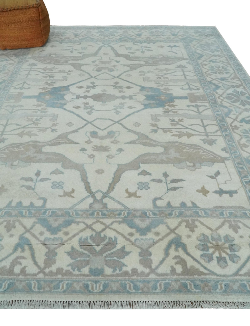 Ivory, Teal and Brown 8x10 Hand knotted Traditional oriental oushak wool area rug