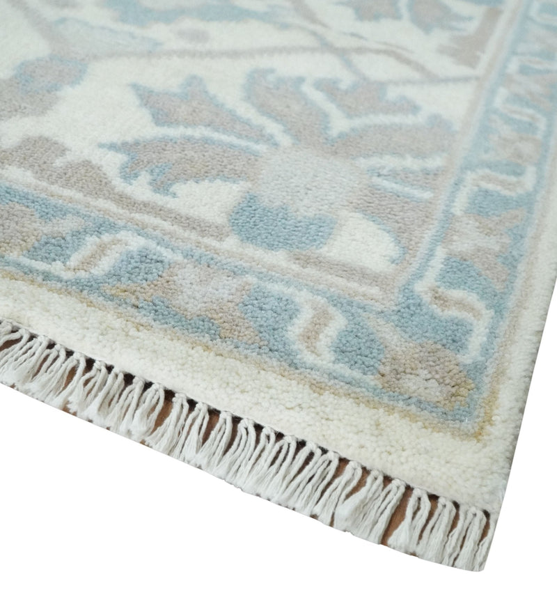 Ivory, Teal and Brown 8x10 Hand knotted Traditional oriental oushak wool area rug
