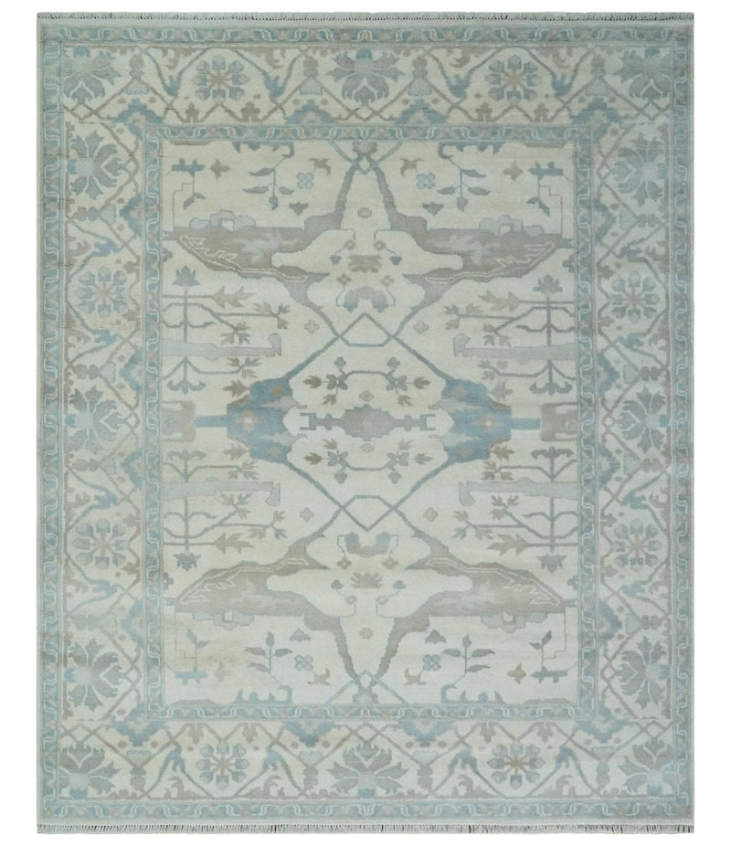 Ivory, Teal and Brown 8x10 Hand knotted Traditional oriental oushak wool area rug