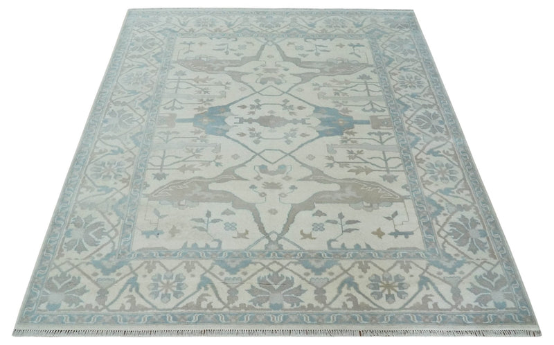 Ivory, Teal and Brown 8x10 Hand knotted Traditional oriental oushak wool area rug