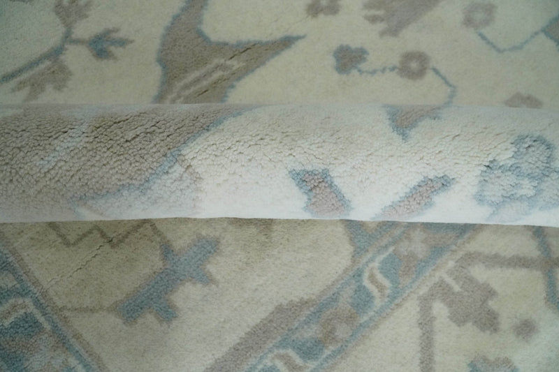 Ivory, Teal and Brown 8x10 Hand knotted Traditional oriental oushak wool area rug