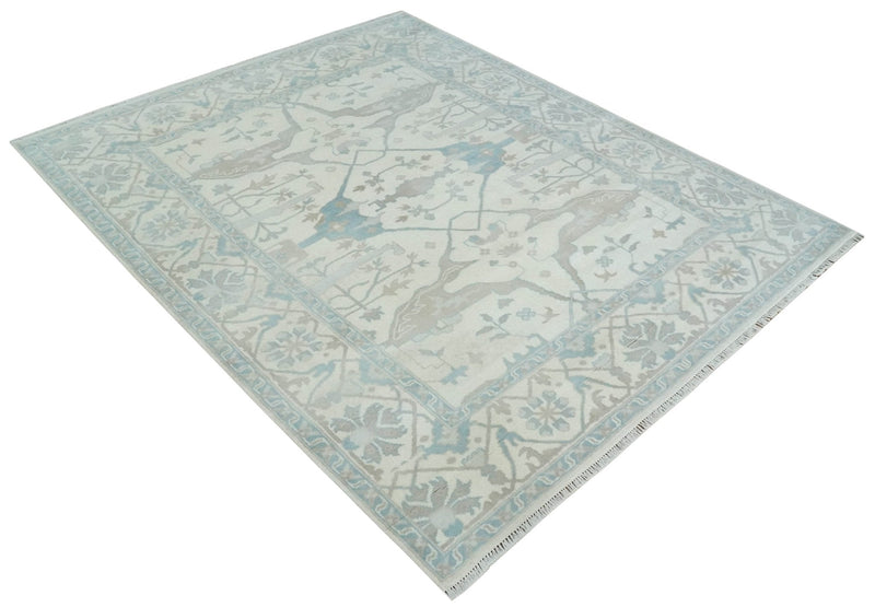 Ivory, Teal and Brown 8x10 Hand knotted Traditional oriental oushak wool area rug