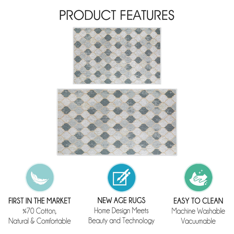 Moroccan Design Non Skid Washable Kitchen Runner Rugs Set of 2| 44 x 24 and 31.5 x 20 Inches Floor Mats |Beige&Gray