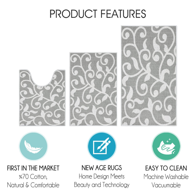 Floral Design 3 Piece Bathroom Rugs Set |Gray