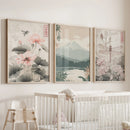 Japandi Style Set of 3 Wall Art. Floral and Mountain Prints by Wall Art Set