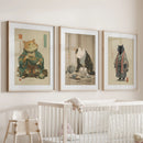 Japanese Ukiyo-e Style Cat Wall Art Set of 3. Tea Ceremony by Wall Art Set