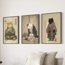 Japanese Ukiyo-e Style Cat Wall Art Set of 3. Tea Ceremony by Wall Art Set
