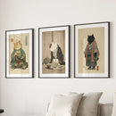 Japanese Ukiyo-e Style Cat Wall Art Set of 3. Tea Ceremony by Wall Art Set