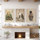 Japanese Ukiyo-e Style Cat Wall Art Set of 3. Tea Ceremony by Wall Art Set