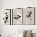 Minimalist Japanese Set of 3 Prints. Black and White Flowers Decor by Wall Art Set
