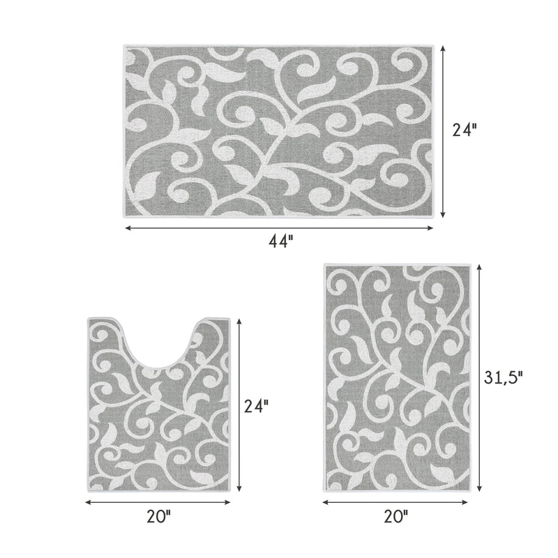 Floral Design 3 Piece Bathroom Rugs Set |Gray