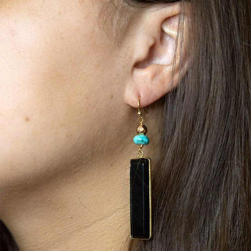 Jett Black Onyx Linear Golden Drop Earrings