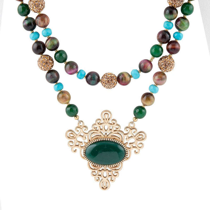 Jeweled Tyger's Eye and Green Onyx Golden Pendant Necklaces