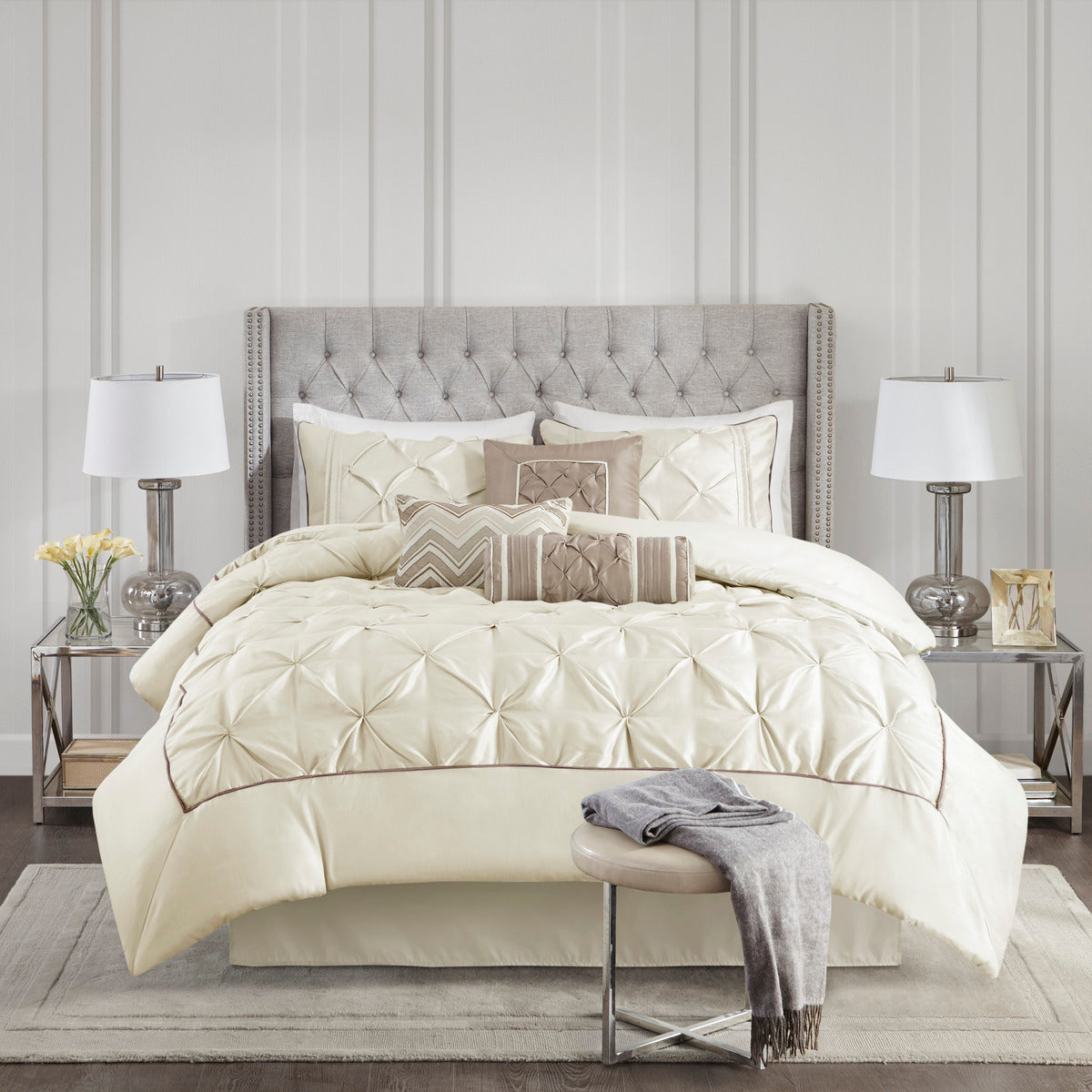 7 Piece Tufted Comforter Set Ivory Queen, photo 8 of 13