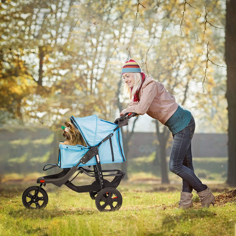 3-Wheels pet Stroller, Foldable Jogger Pet Stroller with Storage Basket, Blue