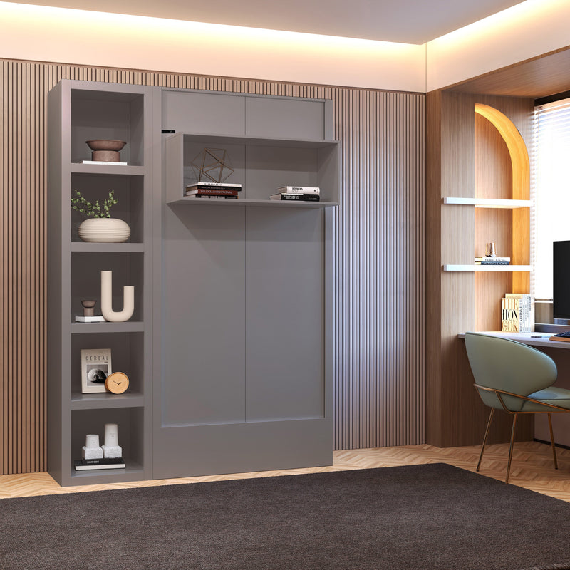 Easy-Lift Twin Murphy Wall Bed in Grey with Bookshelf