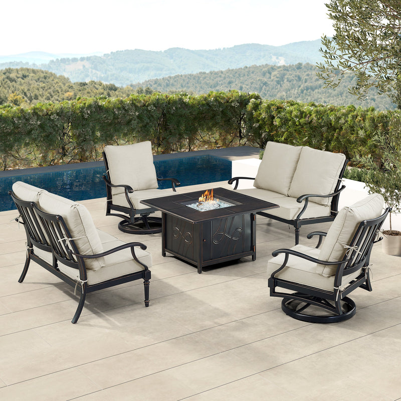 Black Aluminum Fire Table Set with Two Loveseats and Two Club Chairs