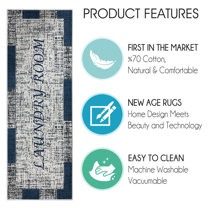SussexHome Non Skid Washable Laundry Room Rug Runner - 20" x 59" | Navy&White