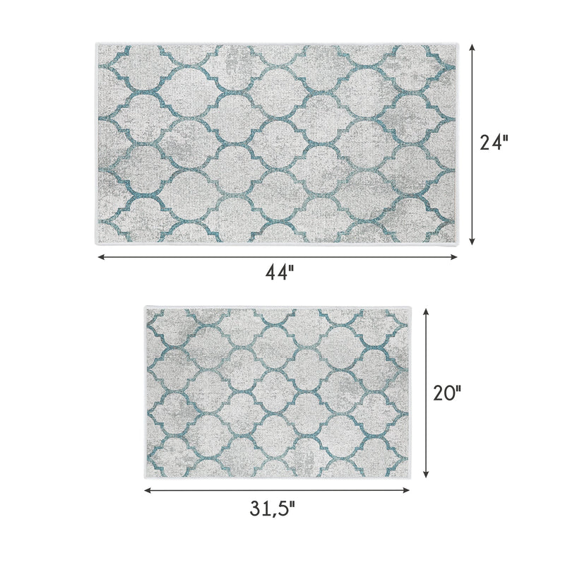 Geometric Design Non Skid Washable Kitchen Runner Rugs Set of 2| 44 x 24 and 31.5 x 20 Inches Floor Mats |Gray&Teal